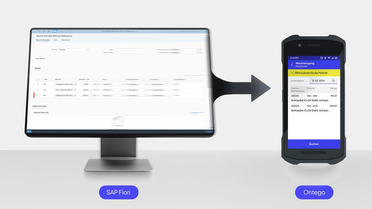 Vergleich von Ontego und SAP Fiori auf einem Industrie-Handheld – Ontego optimiert für Offline-Nutzung und kleine Screens, während Fiori für Desktop-Arbeitsplätze entwickelt wurde.